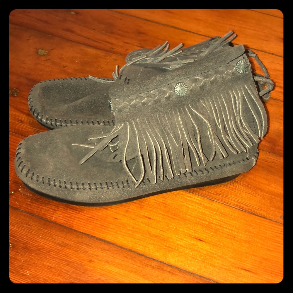 Gray Minnetonka Moccasin Fringe Ankle Boots